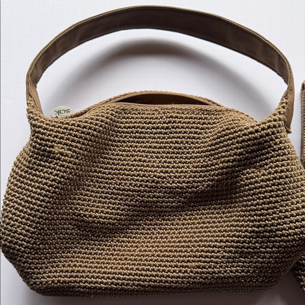 The Sak Tan Crochet Shoulder Bag with Matching Wristlet and Pouch - Picture 3 of 15